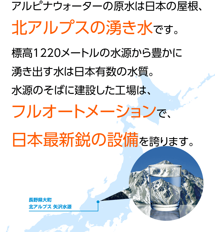 アルピナウォーターの原水は日本の屋根、北アルプスの湧き水です。標高1220メートルの水源から豊かに湧き出す水は日本有数の水質。水源のそばに建設した工場は、フルオートメーションで、日本最新鋭の設備を誇ります。